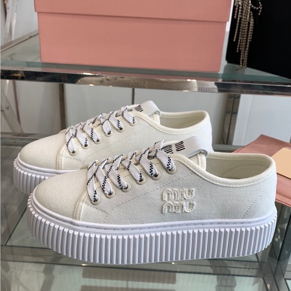 Miu Miu White Canvas Platform Sneakers